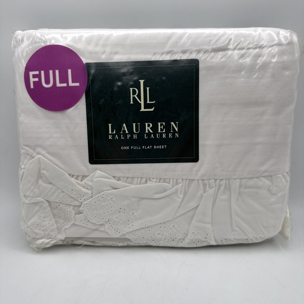 Ralph Lauren FULL Flat Sheet BROMLEY White Floral Embroidered Lace Ruffle Eyelet